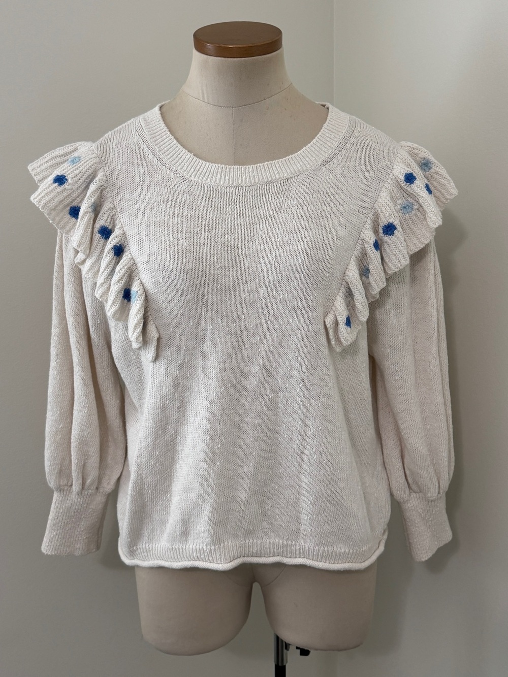 Something Navy Medium Ivory Louise Embroidered Ruffle Sweater Linen Cottagecore